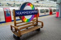 HAMMERSMITH, LONDON, ENGLAND- 10 April 2021: Pride roundel at Hammersmith Underground Station