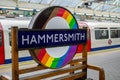 HAMMERSMITH, LONDON, ENGLAND- 10 April 2021: Pride roundel at Hammersmith Underground Station