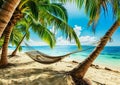 Hammock on beach at beautiful sunset near ocean shore attached to a palm tree. Caribbean vacation Royalty Free Stock Photo