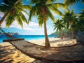 Hammock on beach at beautiful sunset near ocean shore attached to a palm tree. Caribbean vacation Royalty Free Stock Photo