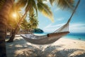 Hammock on beach at beautiful sunset near ocean shore attached to a palm tree. Caribbean vacation Royalty Free Stock Photo