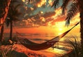 Hammock on beach at beautiful sunset near ocean shore attached to a palm tree. Caribbean vacation Royalty Free Stock Photo