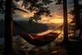 Hammock bound silhouette, pine trees, lake viewÆ??man savors Norwegian summers cloudy tranquility