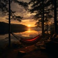 Hammock bound silhouette, pine trees, lake viewâ???man savors Norwegian summers cloudy tranquility