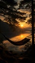 Hammock bound silhouette, pine trees, lake view??Å¸?Â¦Å¸?Âman savors Norwegian summers cloudy tranquility