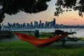 Seattle Skyline with hammock framing in the foreground