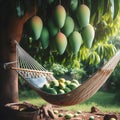 Hammock with green mangoes in the garden, vintage style Royalty Free Stock Photo