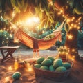 Hammock with green mangoes in the garden, vintage style Royalty Free Stock Photo