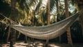 Hammock hanging from palm tree, tranquil paradise generated by AI