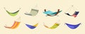 Hanging hammock set. Hanging modern hammocks bright fashionable drawing tropical green yellow colors striped red orange