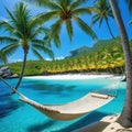 hammock hanging between two palm trees on tropical beach with clear blue water