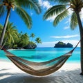 hammock hanging between two palm trees on tropical beach with clear blue water