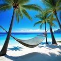 hammock hanging between two palm trees on tropical beach with clear blue water