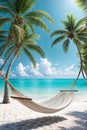 A hammock hangs between palm trees against the backdrop of a tropical beach - blue water