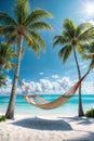 A hammock hangs between palm trees on the background of a beach