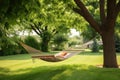 a hammock hung between two trees in a backyard Royalty Free Stock Photo