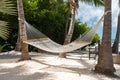 Rope hammocks suspended on tropical island awaiting traveler to relax in.