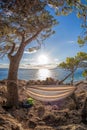 Hammock net installed on Punta Rata beach in Brela, Croatia, Dalmatia, Croatian azure coast Royalty Free Stock Photo