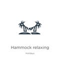 Hammock relaxing icon. Thin linear hammock relaxing outline icon isolated on white background from holidays collection. Line