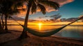 Hammock strung between two coconut trees on the beach at sunset. AI-generated. Royalty Free Stock Photo