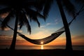 Hammock strung between two swaying palm trees. Generative AI