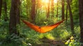 A hammock strung between two towering trees the ultimate spot for a rejuvenating nap in the fresh forest air. 2d flat