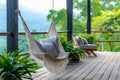 Hammock is strung between two wooden posts on deck overlooking trees in the distance. Generative AI Royalty Free Stock Photo