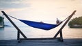 Hammock, sunset ocean and woman relax outdoor on a vacation, holiday or adventure in nature. Female person on tropical