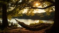 Hammock swinging, tranquil sunset, nature beauty in relaxation generated by AI Royalty Free Stock Photo