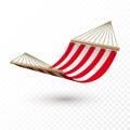 Hammock template. Red and white striped hammock. Camping or picnic relaxation. Tourism or vacation concept. Vector illustration