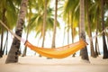 a hammock tied between coconut trees by the sea