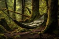 hammock tied between two trees in forest