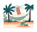 A hammock and towel hanging in the middle of two palms tree. Concept vacation and happiness. Relishing leisure moments