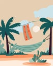 A hammock and towel hanging in the middle of two palms tree. Concept vacation and happiness. Relishing leisure moments
