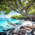 Hammock on a tropical island. Beautiful beach with crystal clear turquoise water. Summer vacation or holiday concept. Created with Royalty Free Stock Photo