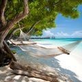 Hammock on a tropical island. Beautiful beach with crystal clear turquoise water. Summer vacation or holiday concept. Created with Royalty Free Stock Photo