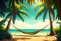 Hammock between two palm trees on a tropical beach, illustration generated by AI Royalty Free Stock Photo