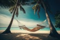 Hammock between two palm trees on a tropical beach, illustration generated by AI Royalty Free Stock Photo
