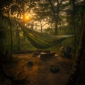 A hammock in the woods at sunset
