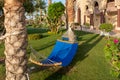 Hammocks between two palm trees at the egyptian garden. Holiday and vacation concept