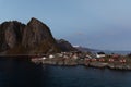 View of classic wooden fishermen\'s huts at HamnÃ¸y, Lofoten, Norway