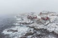 Hamnoy, Norway, fishing village on Lofoten Islands during a snow storm Royalty Free Stock Photo