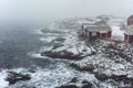 Hamnoy, Norway, fishing village on Lofoten Islands during a snow storm