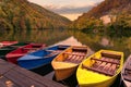 Hamori lake in Lillafured Miskolc pearl of the Bukk Natonal Park in Hungary with colorful boats fall autumn season