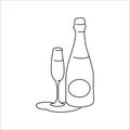 ÃÂ¡hampagne bottle and glass outline icon on white background. Black white cartoon sketch graphic design. Doodle style. Hand drawn Royalty Free Stock Photo