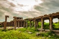 Hampi bazaar ruins antique stone art from unique angle with amazing sky