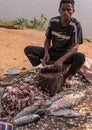 Man cuts fish on shore of Kamalapura Lake, Hampi, Karnataka, India