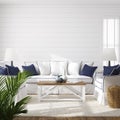 Hampton style living room interior, wall mockup Royalty Free Stock Photo