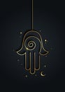 Hamsa hand Spiral icon. Gold pendant Line Art vector Jewish religious sign. Luxury amulet Hand of Fatima minimalist logo design