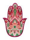 Hamsa Hand in watercolor. Protective and Good luck amulet in Indian, Arabic Jewish cultures. Hamesh hand in vivid colors.